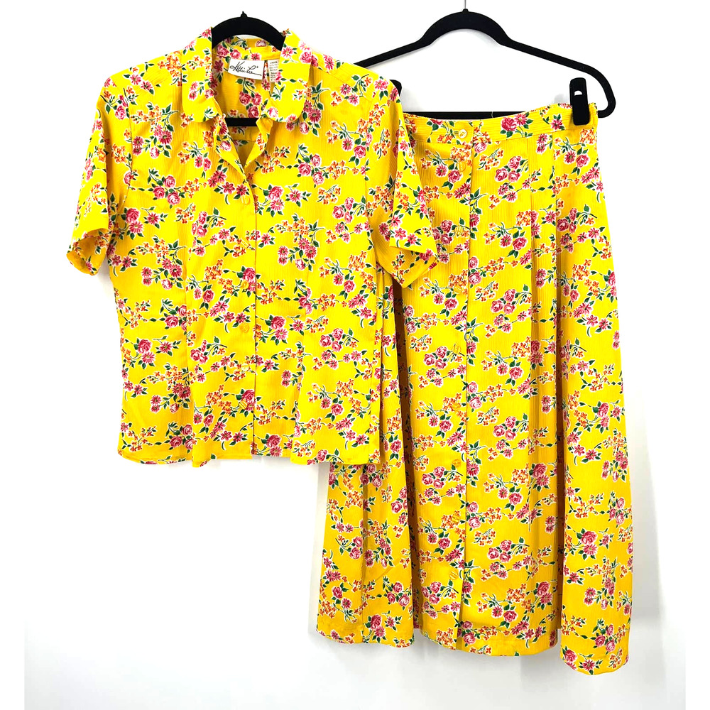 Vintage Bright Yellow Floral Pink Peony Skirt Blouse Button Boho Women's 10‎